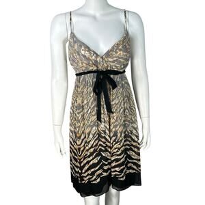 Y2K Muse Silk Mini Cocktail Dress Size 8 Tiger Animal Print Sleeveless Babydoll
